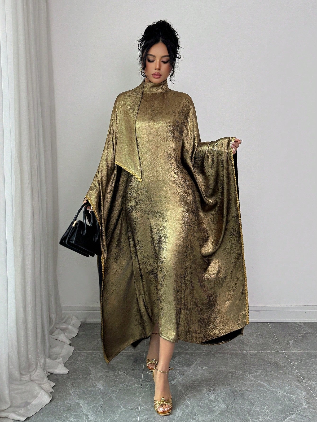 SHEIN Raffinéa فستان نسائي أنيق بياقة عالية وشريط ذهبي