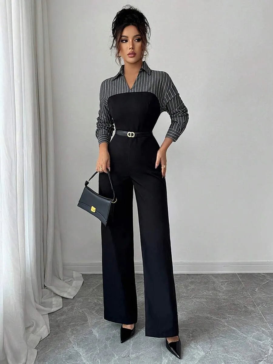 SHEIN جمبسوت نسائي طويل الأكمام بياقة وسحاب بلون الأسود