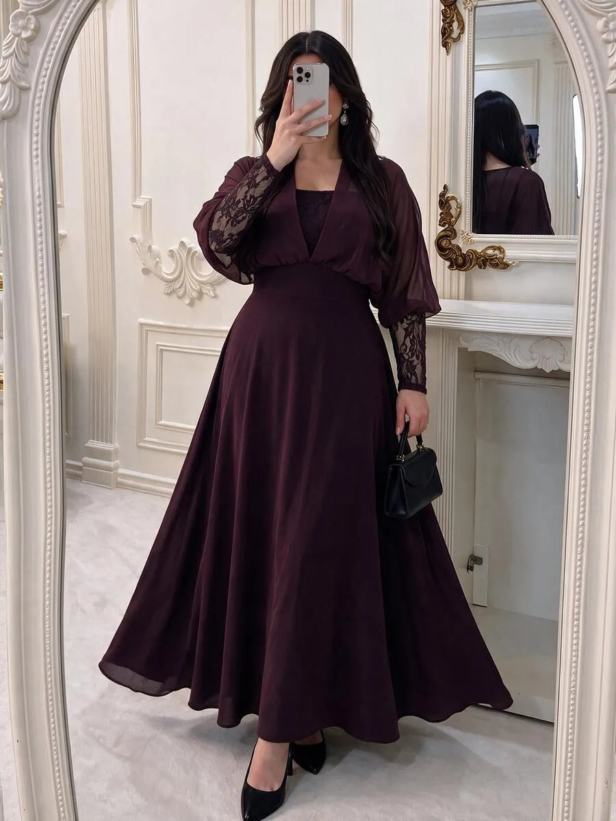 SHEIN Modelyn فستان نسائي بياقة وأكمام دانتيل بلون أحمر بنفسجي