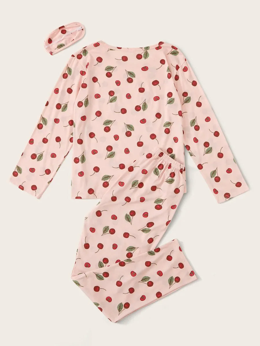 SHEIN طقم 3 قطع بيجاما بطباعة كرز مع غطاء عين بلون وردي فاتح
