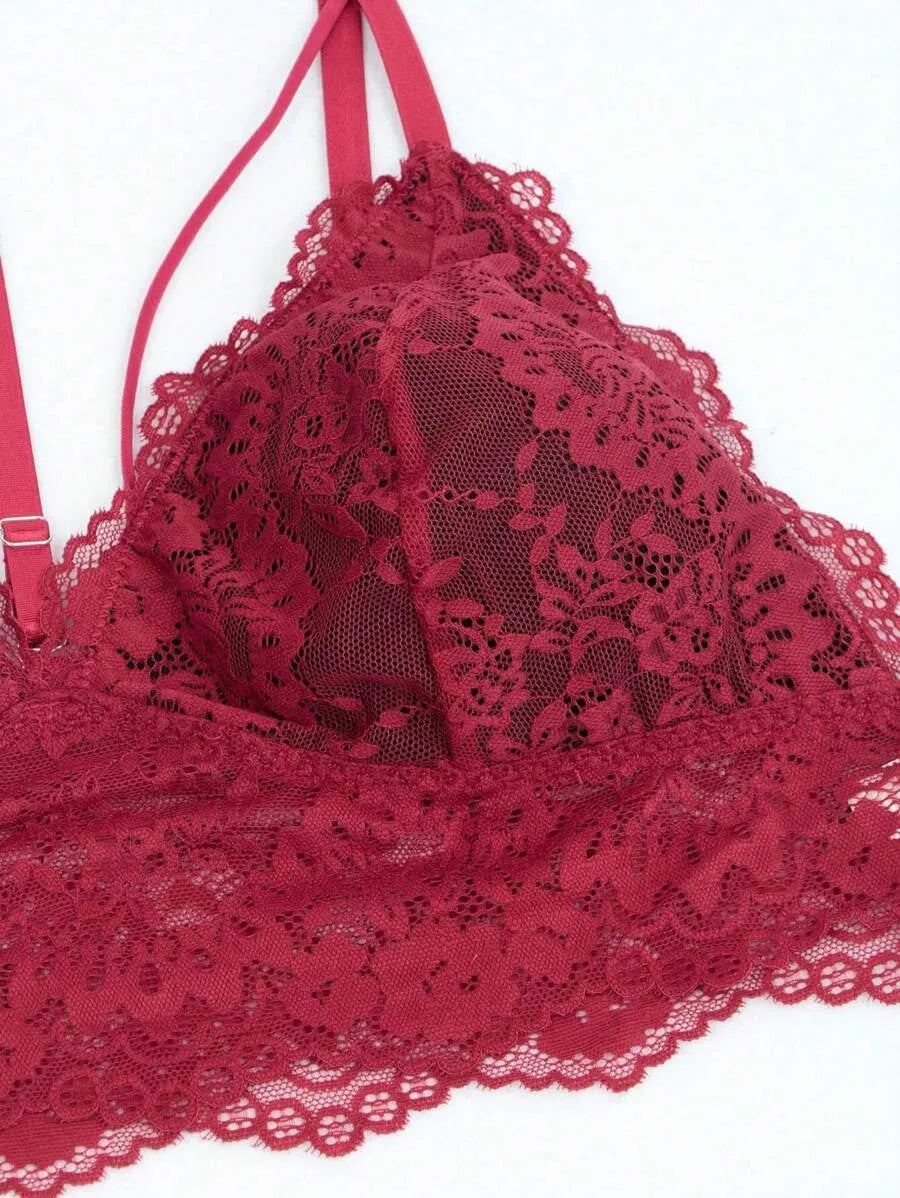 SHEIN Spicy Aura طقم لانجري نسائي 2 قطعة من الدانتيل بدون أسلاك بلون عنابي