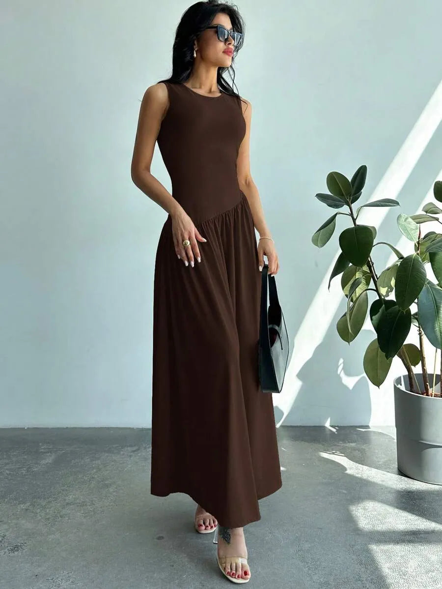 SHEIN Firerie فستان طويل بدون أكمام بطول الأرض بلون بني قهوة