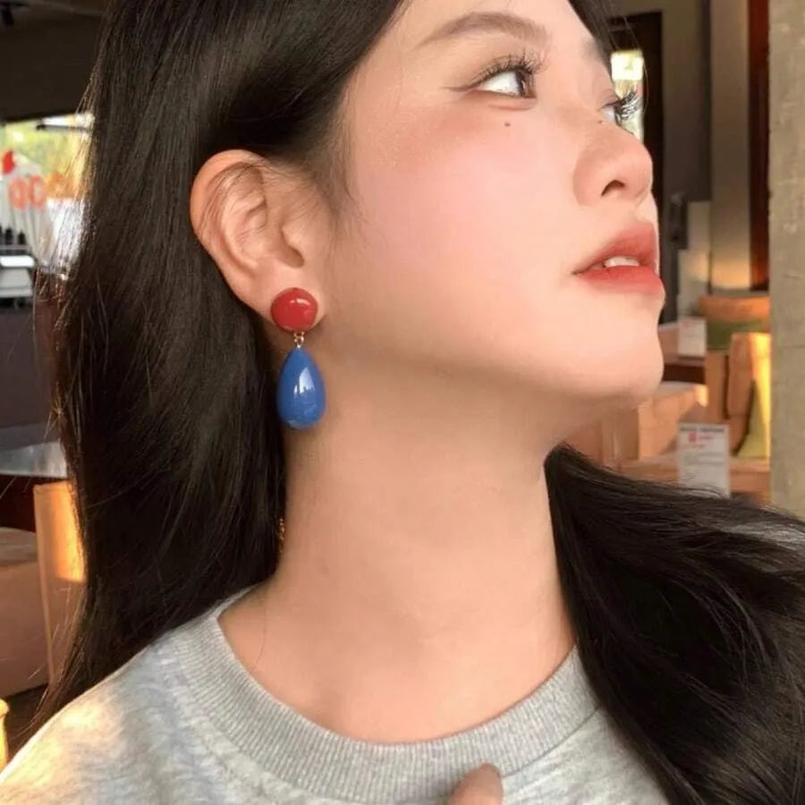SHEIN أقراط نسائية كبيرة بتصميم دمعة هندسي بلون أزرق