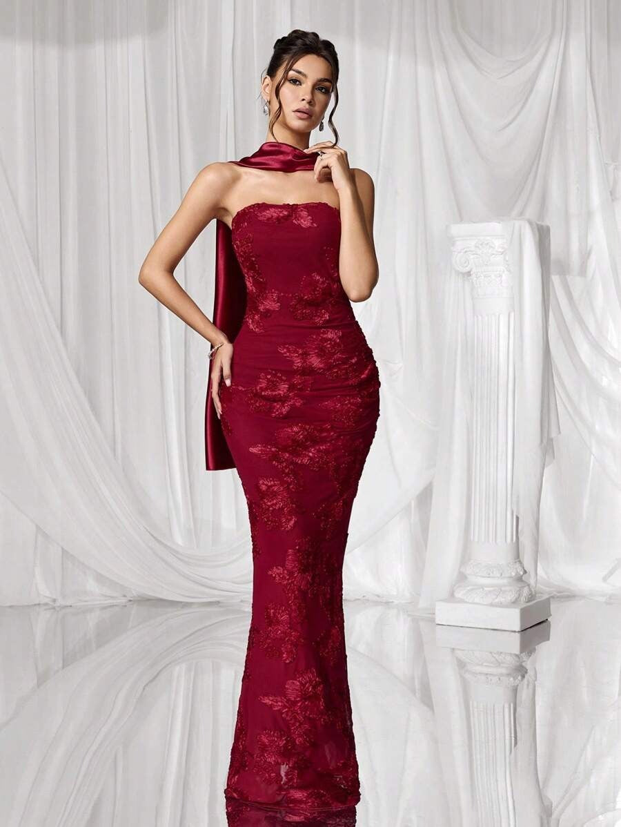 SHEIN Coutiva فستان سهرة أنيق بلون أحمر