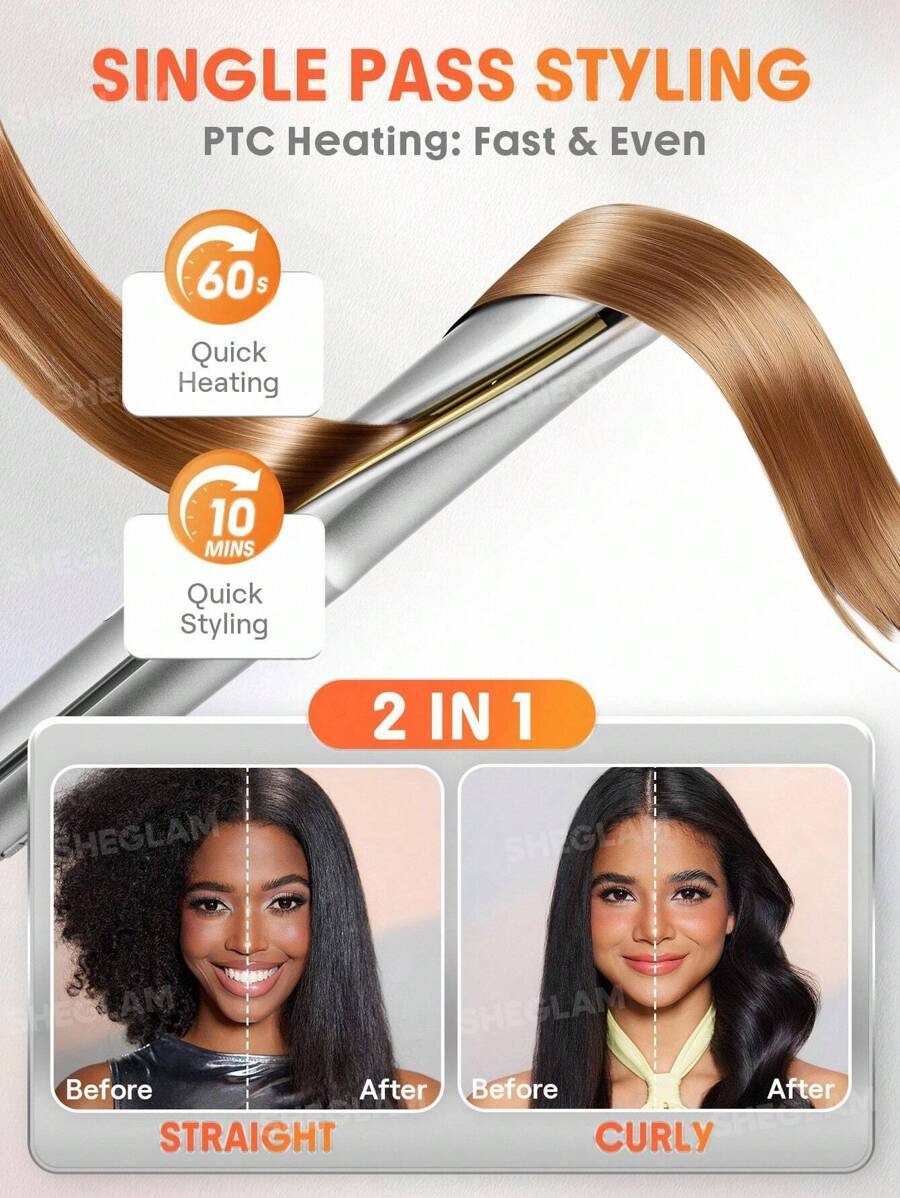 SHEGLAM مكواة شعر بلون أصفر ناعم لفرد و تجعيد الشعر