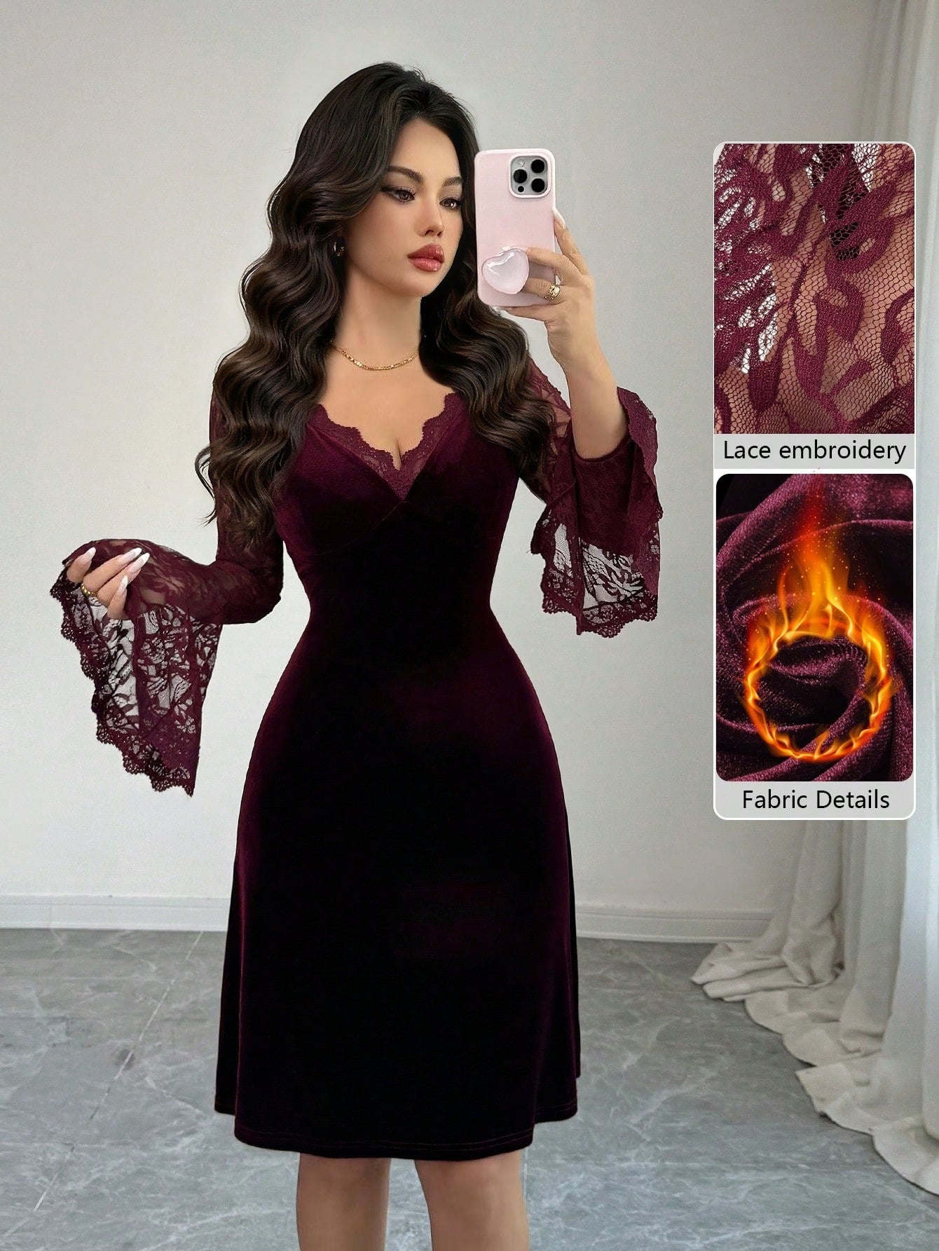 SHEIN Modelyn  Vفستان موضة من الدانتيل والمخمل بياقة وأكمام مكشكشة