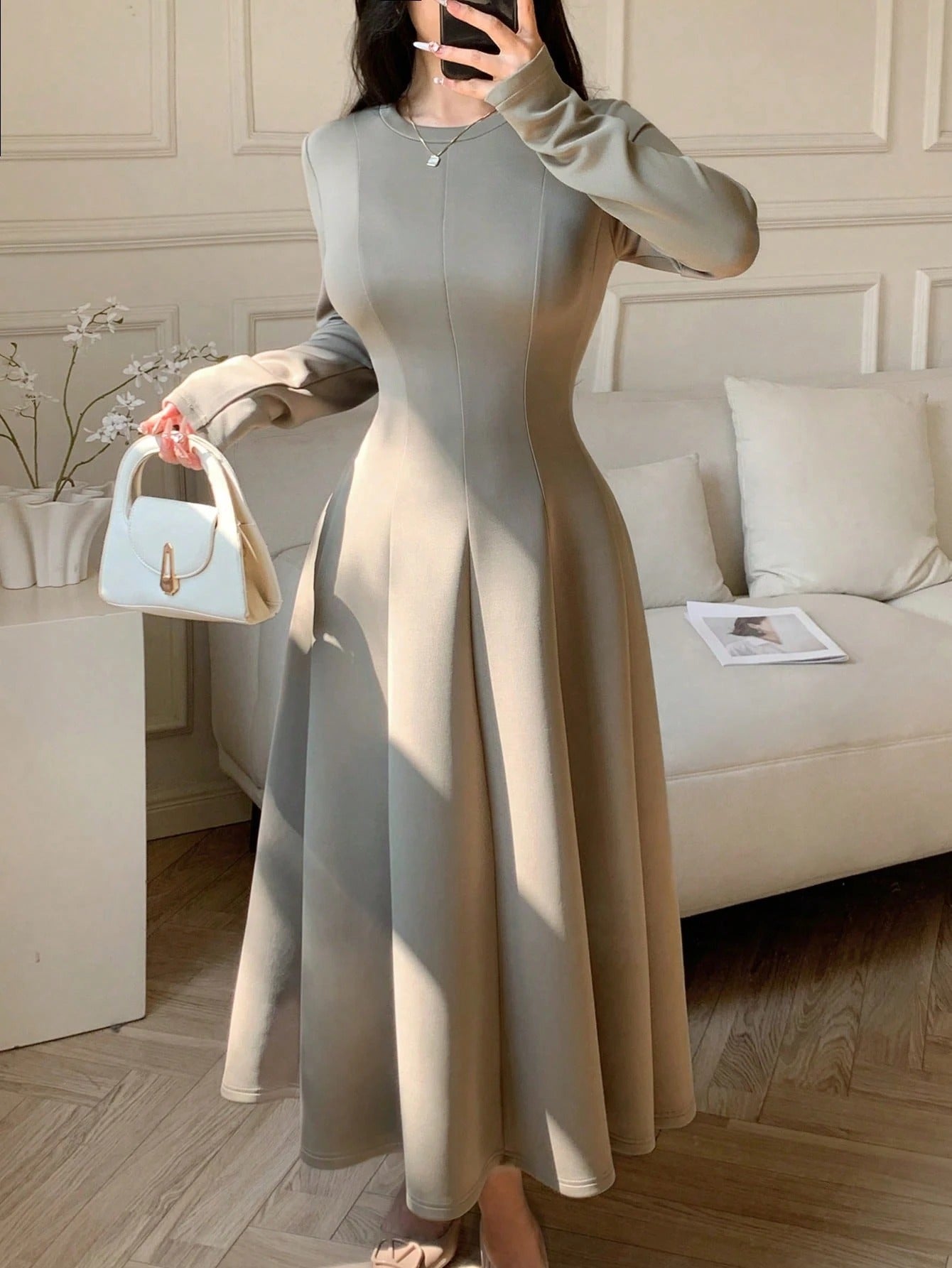 SHEIN Feyla فستان متوسط الطول بياقة مستديرة وأكمام طويلة بخصر مربوط