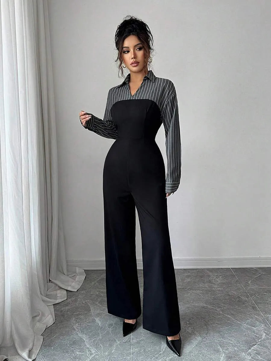 SHEIN جمبسوت نسائي طويل الأكمام بياقة وسحاب بلون الأسود