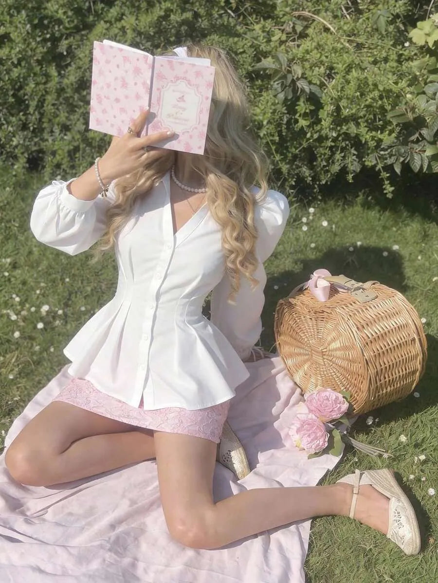 SHEIN MOD بلوزة نسائية بياقة وأكمام طويلة ورباط خصر بلون أبيض