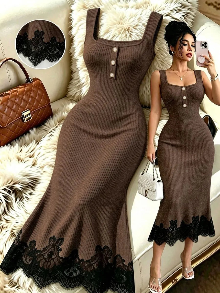 SHEIN Selianne فستان ميدي محبوك مضلع بياقة مربعة وأزرار أمامية وحافة دانتيل بلون بني