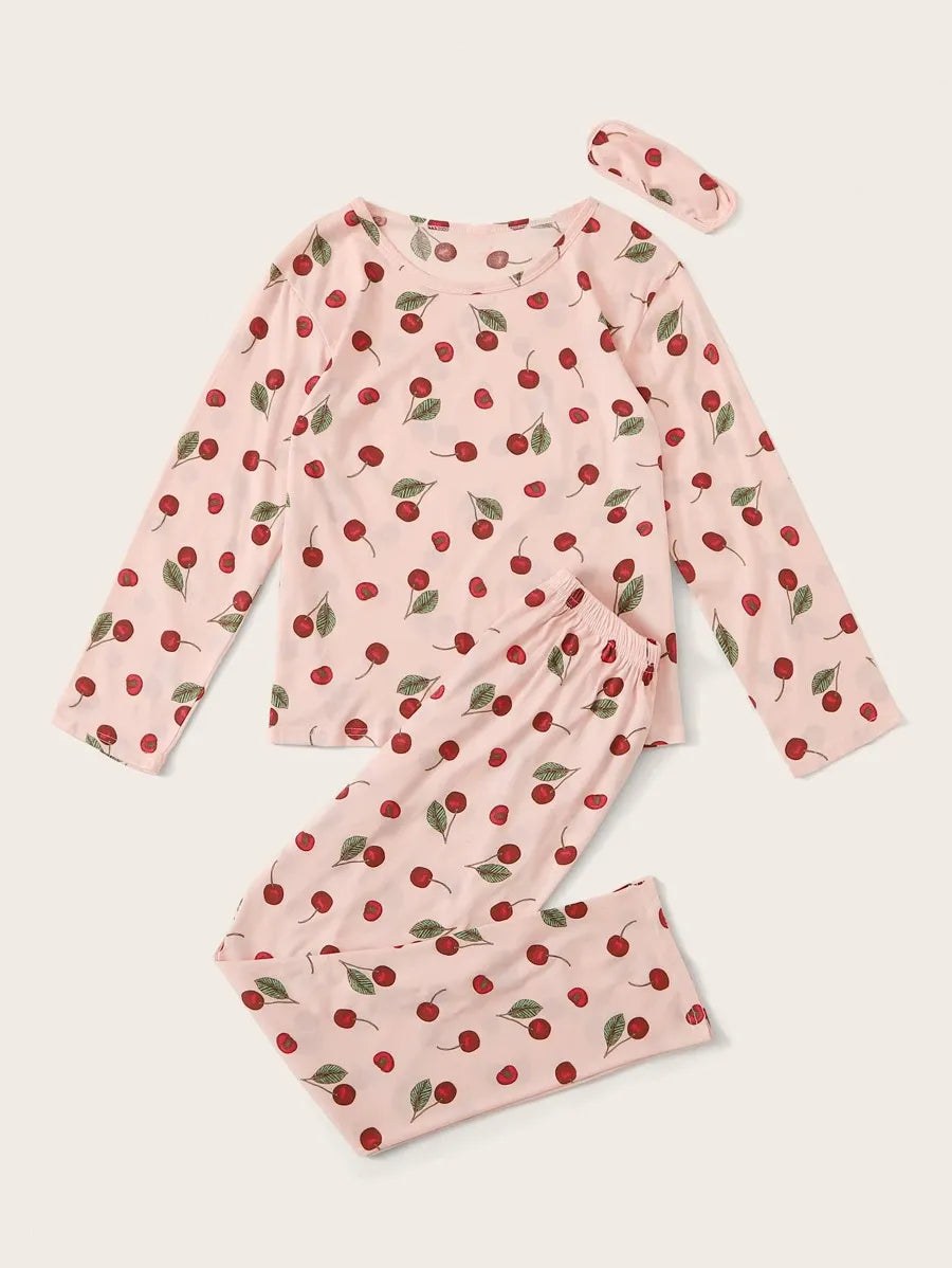 SHEIN طقم 3 قطع بيجاما بطباعة كرز مع غطاء عين بلون وردي فاتح