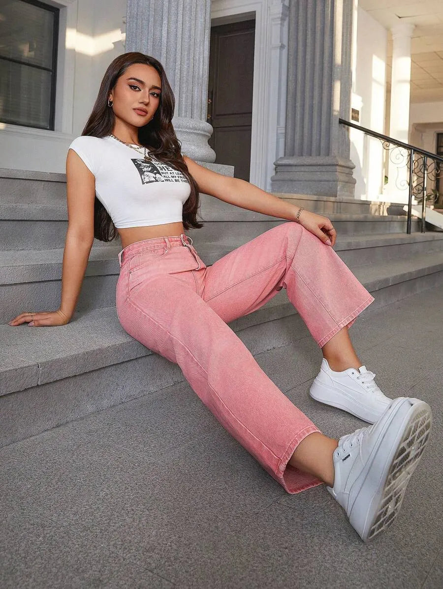 SHEIN بنطلون جينز فضفاض بخصر عالٍ وساق مستقيمة بلون وردي