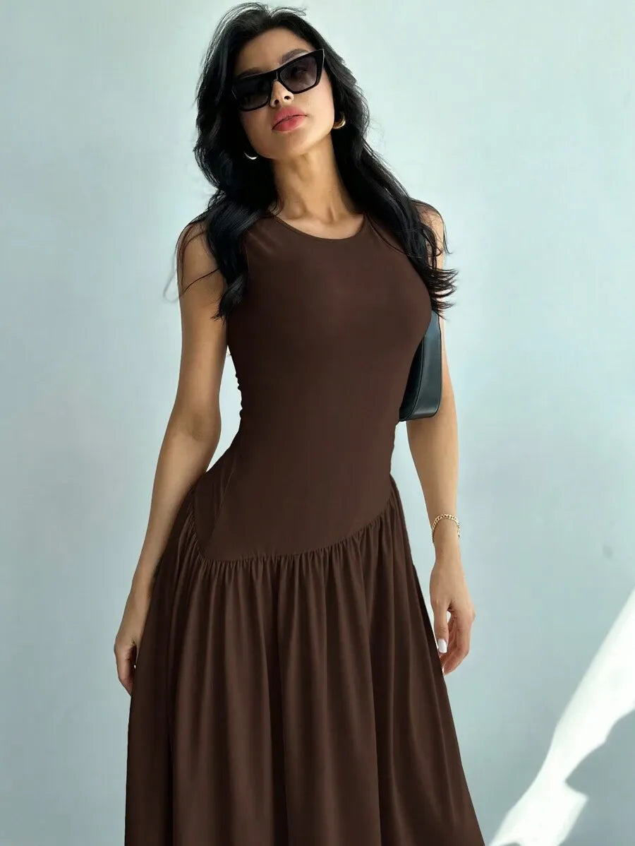 SHEIN Firerie فستان طويل بدون أكمام بطول الأرض بلون بني قهوة
