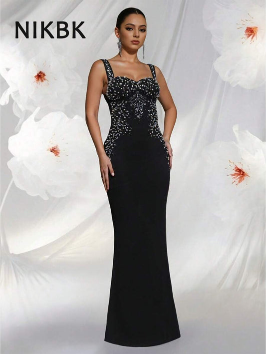 SHEIN NIKBK فستان أسود طويل مزين بالراينستون