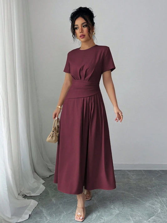 SHEIN Elenzga فستان قصير حريري بأكمام قصيرة وياقة دائرية