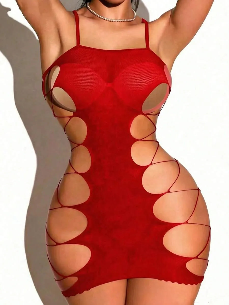 SHEIN ChaseTheNight فستان لانجري شبكي قصير بحمالات رفيعة قابلة للتعديل بلون أحمر
