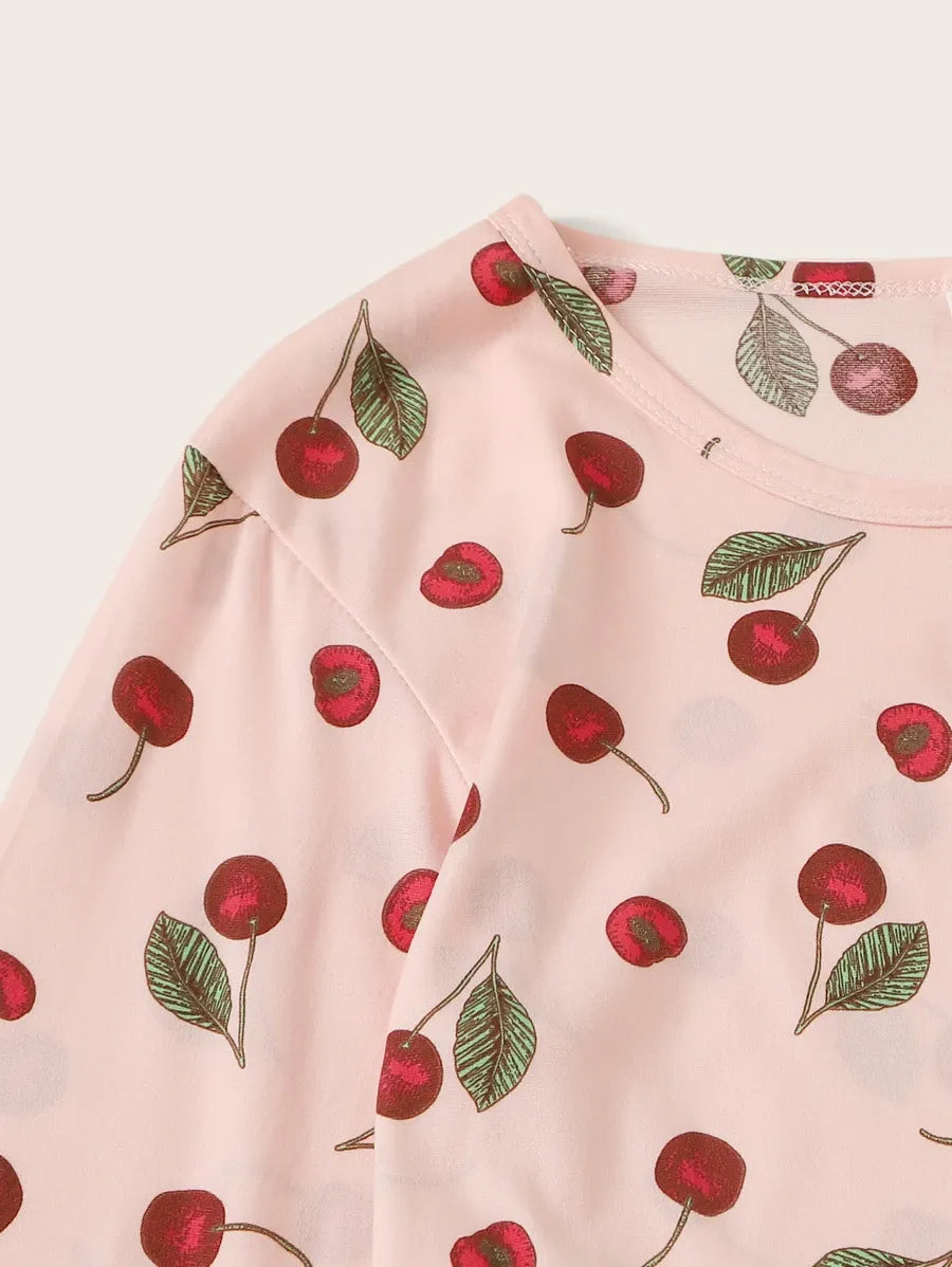 SHEIN طقم 3 قطع بيجاما بطباعة كرز مع غطاء عين بلون وردي فاتح