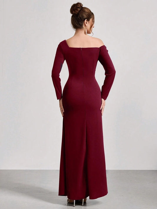 SHEIN Coutiva فستان سهرة عنابي طويل