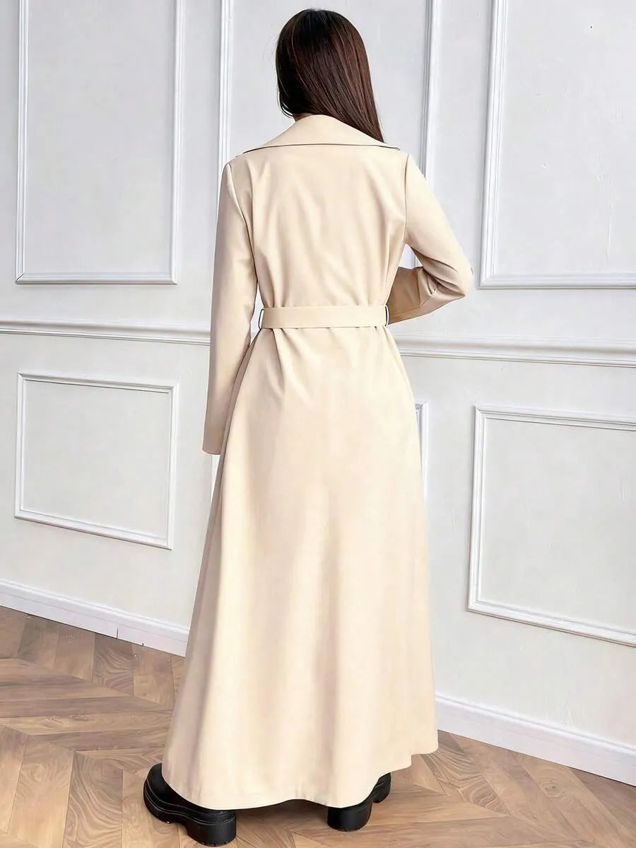 SHEIN معطف طويل مزدوج الصدر بحزام وجيوب بلون كاكي