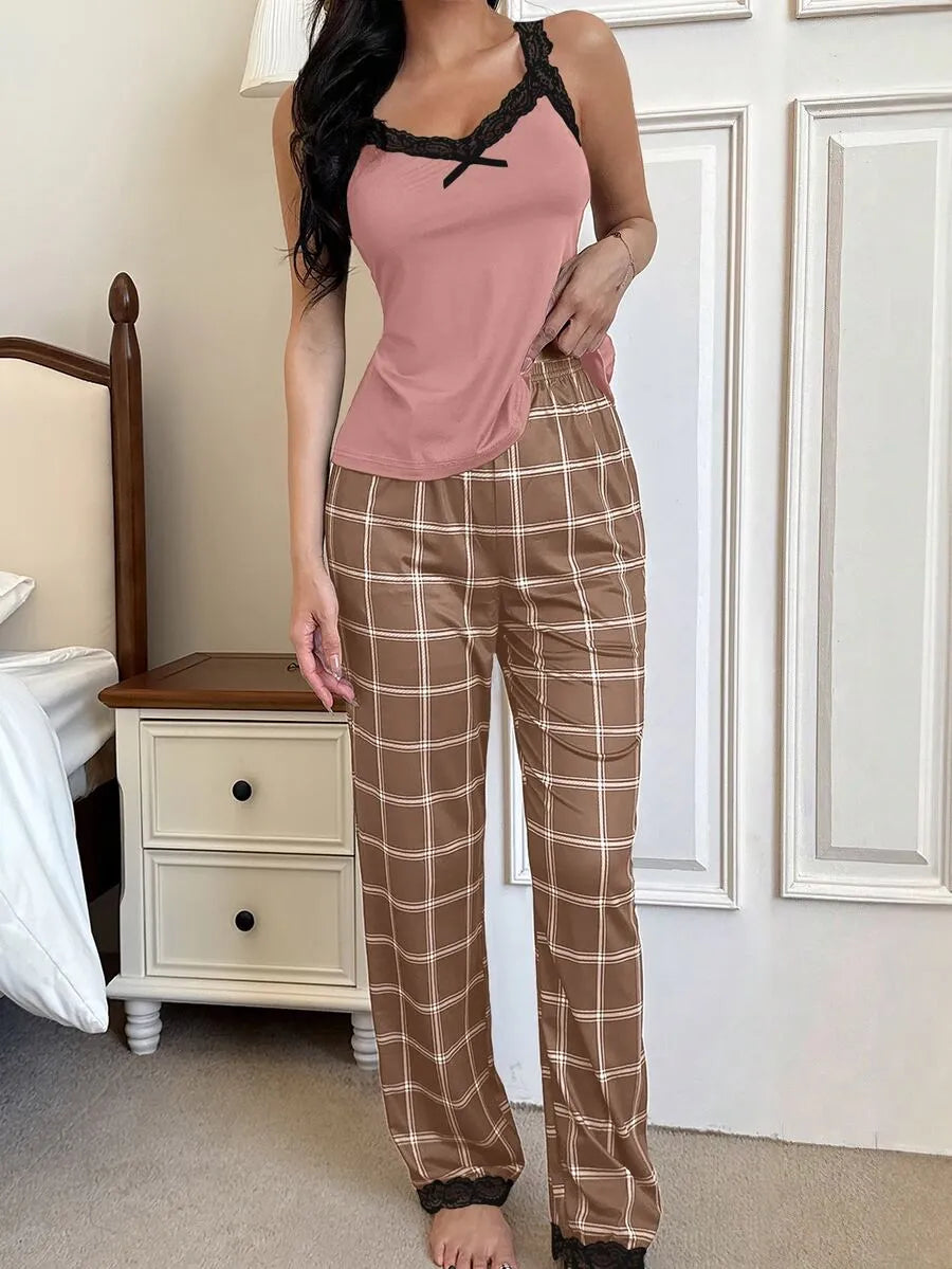 SHEIN Dream Adore طقم بيجامة قطعتين كاروهات بلون وردي