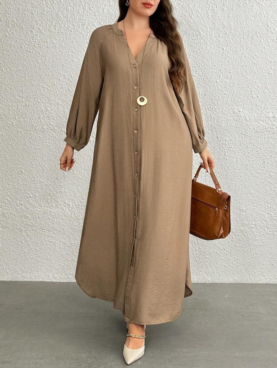 SHEIN فستان ماكسي مشمشي بأزرار ناعمة