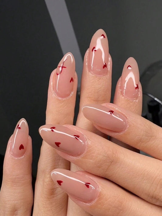 SHEIN أظافر لوزية طويلة بتصميم قلوب حمراء