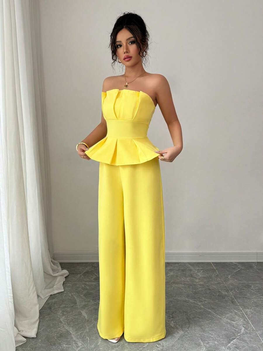 SHEIN Elenzga جمبسوت أنيق بدون أكمام بلون أصفر