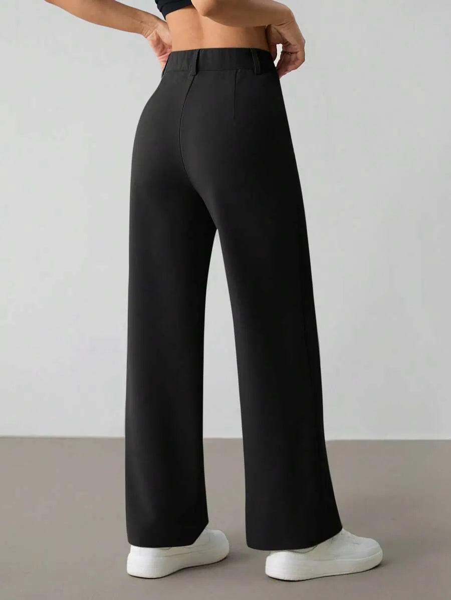 SHEIN PETITE بنطلون بلون الأسود طويل واسع الساق بخصر عالي