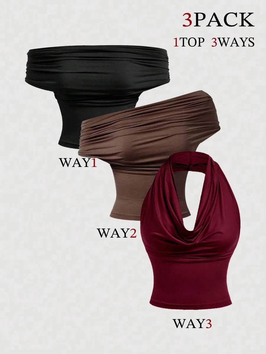SHEIN MOD طقم 3 توبات نسائية بدون أكمام بكتف مكشوف وثنيات متعدد الألوان