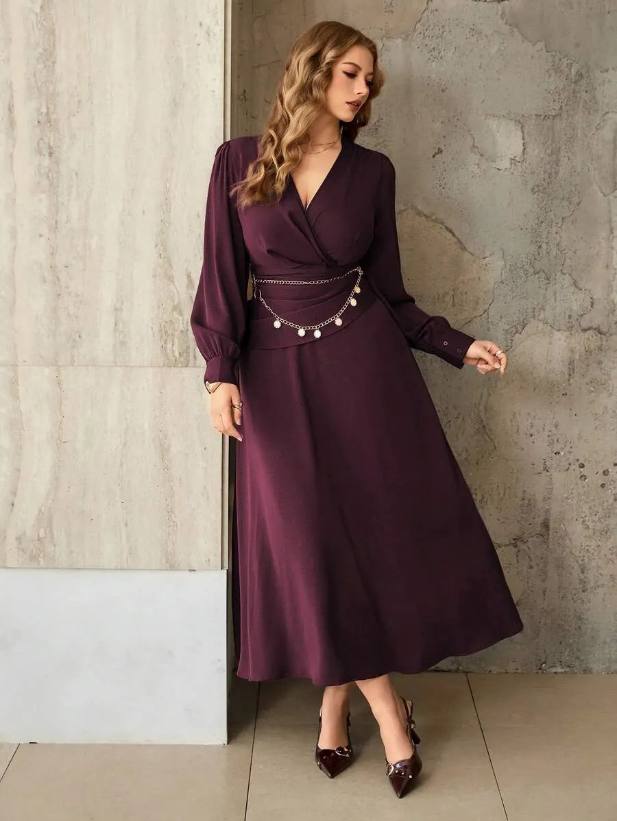 SHEIN Roveilla فستان نسائي بياقة وخصر مكشكش بلون كستنائي