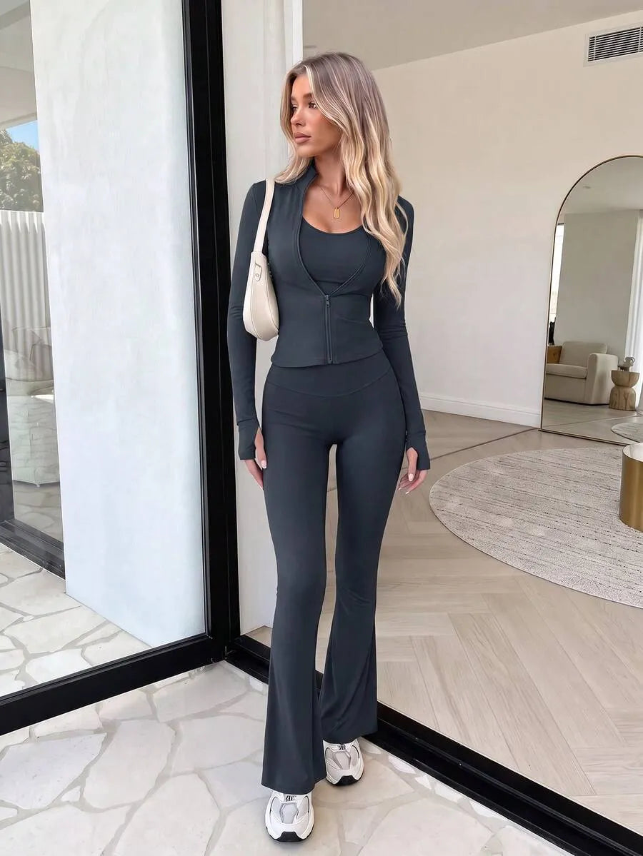 SHEIN طقم رياضي نسائي قطعتين جاكيت بياقة واقفة وبنطال واسع بخصر عالٍ بلون رمادي