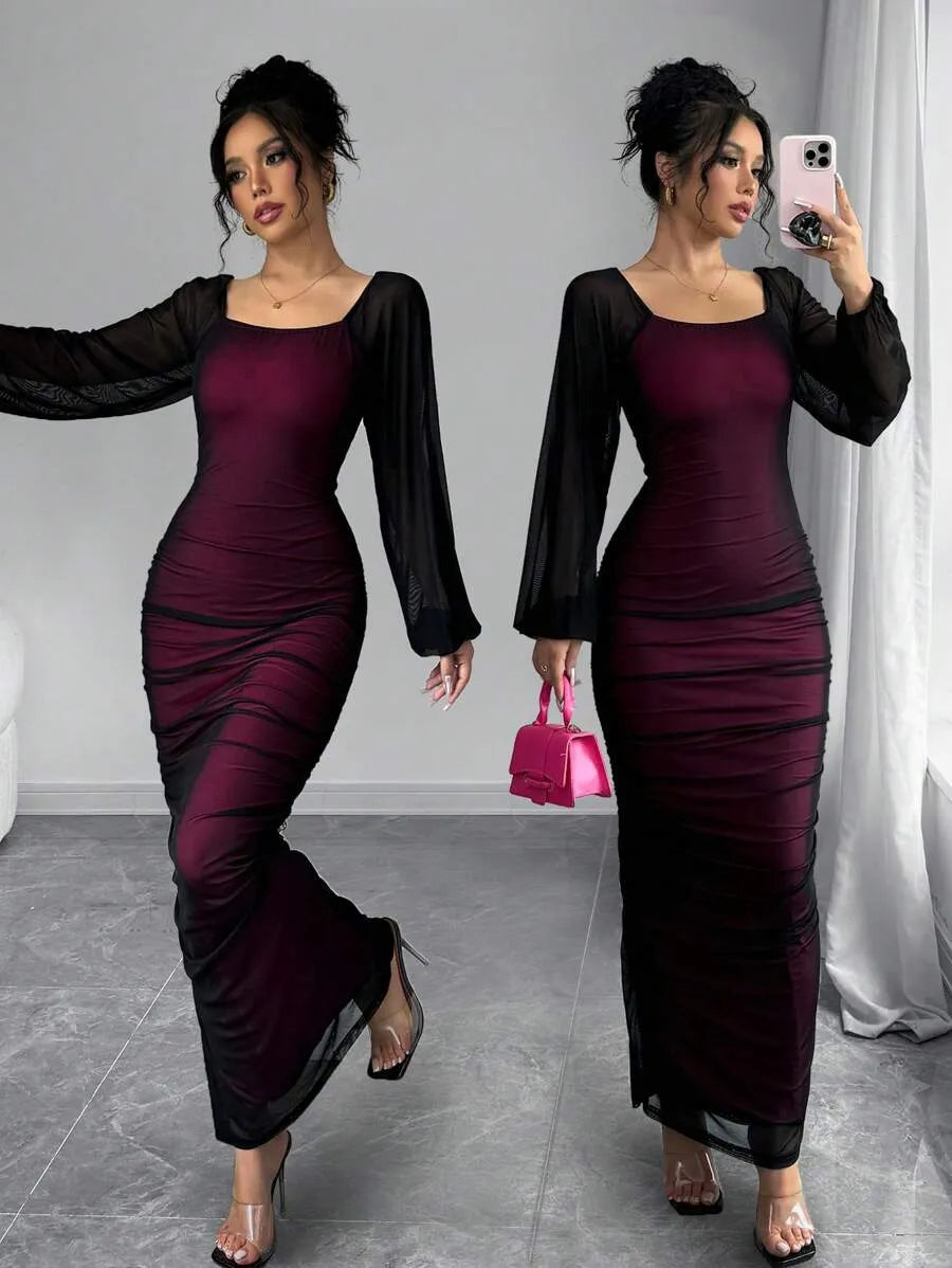 SHEIN Selianne فستان ماكسي من الشبك بياقة مربعة وأكمام بفتحات وتطريز كشكش بالأحمر والأسود