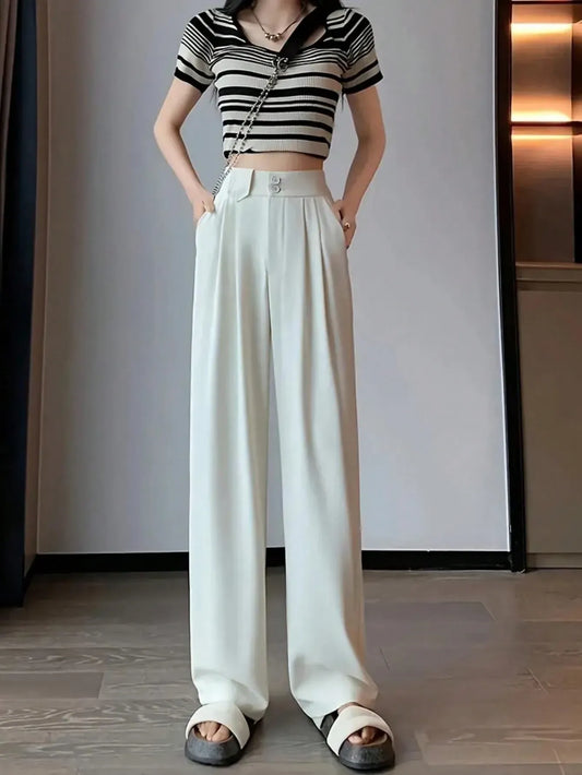 SHEIN بنطال نسائي واسع بلون أبيض بأزرار أمامية