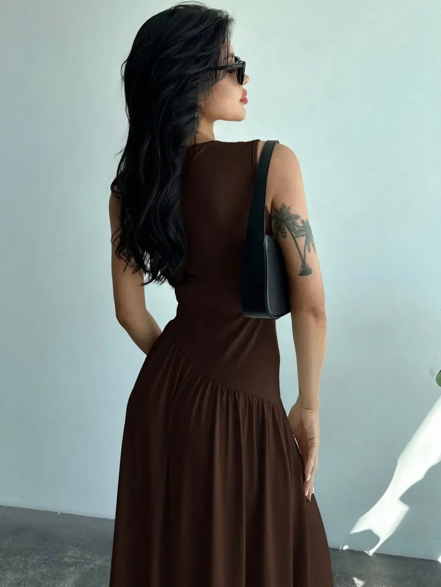 SHEIN Firerie فستان طويل بدون أكمام بطول الأرض بلون بني قهوة
