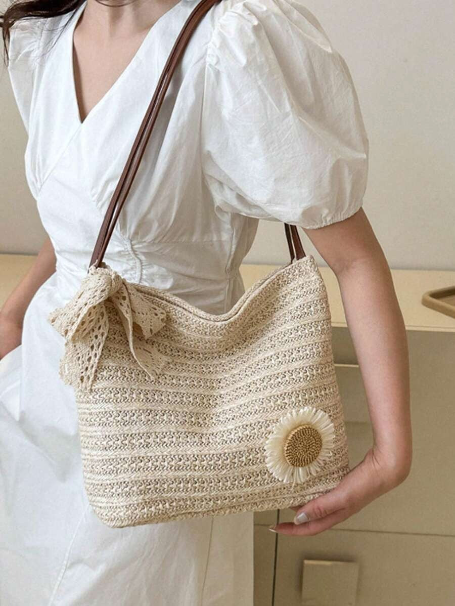 SHEIN حقيبة كتف بنقشة عباد الشمس لون بيج
