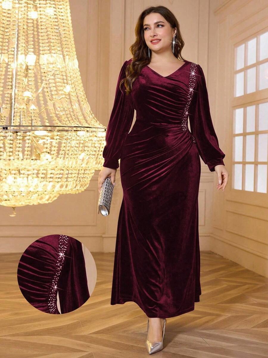 SHEIN Modelyn فستان سهرة أنيق طويل حريري بلون عنابي