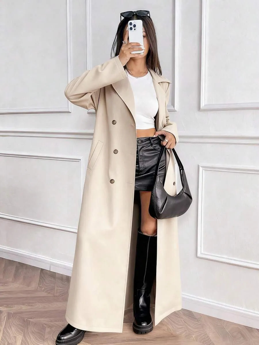 SHEIN معطف طويل مزدوج الصدر بحزام وجيوب بلون كاكي