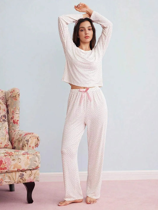 SHEIN Elorette طقم بيجاما قطعتين بكشكشة أمامية بأكمام طويلة بلون أبيض