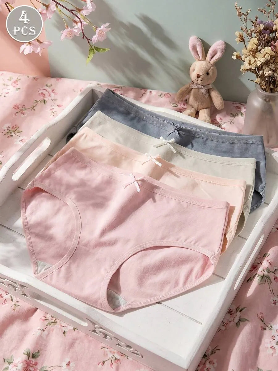 SHEIN سراويل داخلية نسائية من 4 قطع بخصر متوسط مزينة بفيونكة متعدد الألوان