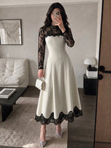 SHEIN NOVVYNE فستان طويل بياقة تشيونغسام عالية وأكمام طويلة وحافة دانتيل بلون رمادي