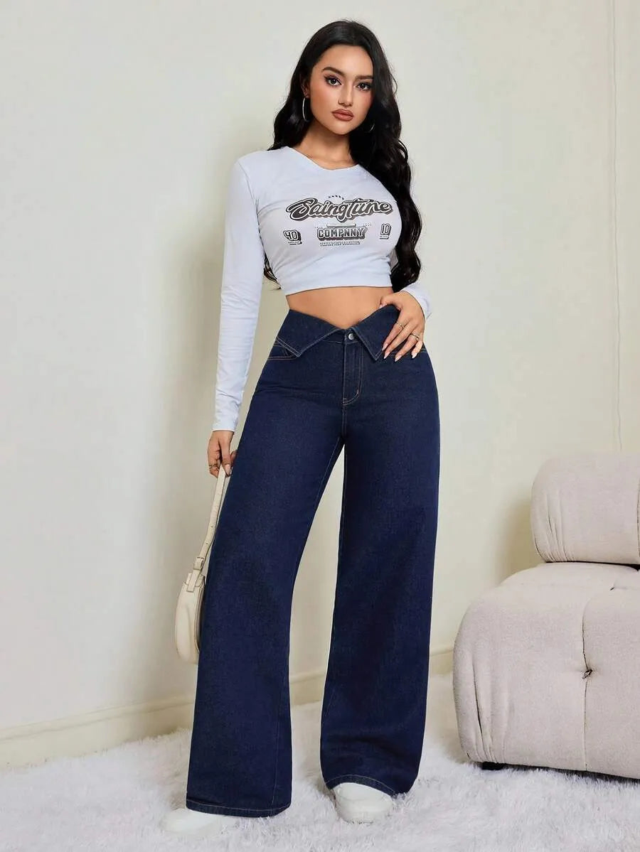 SHEIN Tall بنطلون جينز واسع الساق بخصر عالٍ بلون أزرق داكن