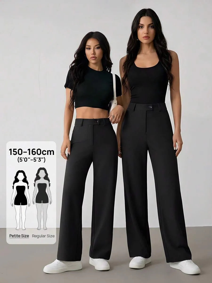 SHEIN PETITE بنطلون بلون الأسود طويل واسع الساق بخصر عالي