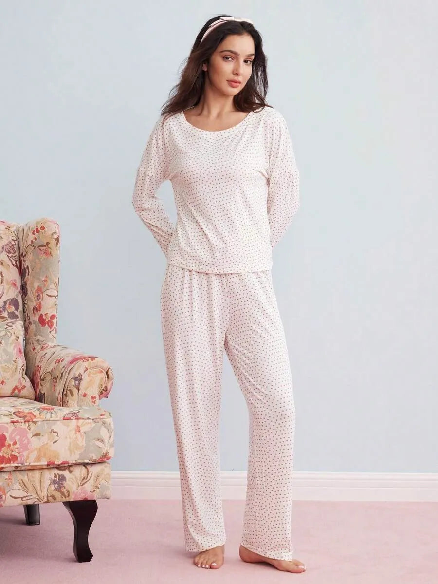 SHEIN Elorette طقم بيجاما قطعتين بكشكشة أمامية بأكمام طويلة بلون أبيض