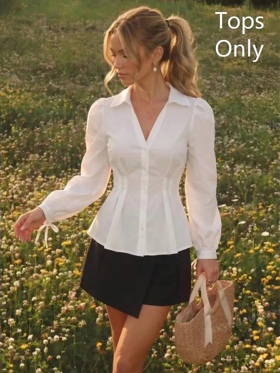 SHEIN MOD بلوزة نسائية بياقة وأكمام طويلة ورباط خصر بلون أبيض