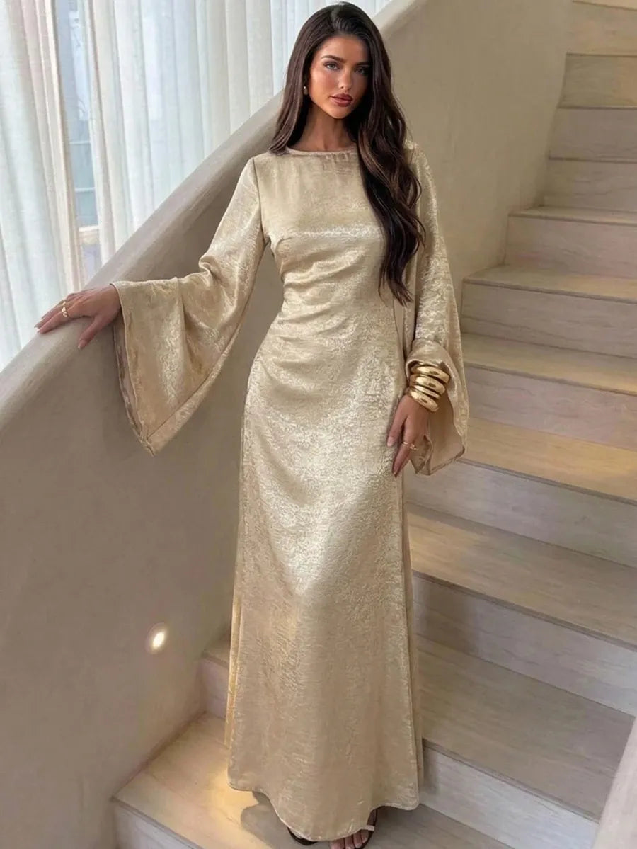 SHEIN Aloruh فستان طويل بياقة مربعة وأكمام بفتحات ورباط خلفي بلون ذهبي