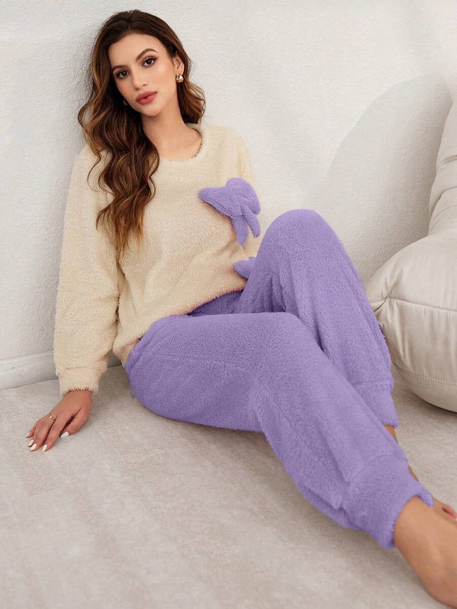SHEIN طقم بيجامة ناعم بفيونكة
