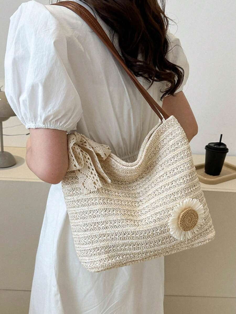 SHEIN حقيبة كتف بنقشة عباد الشمس لون بيج