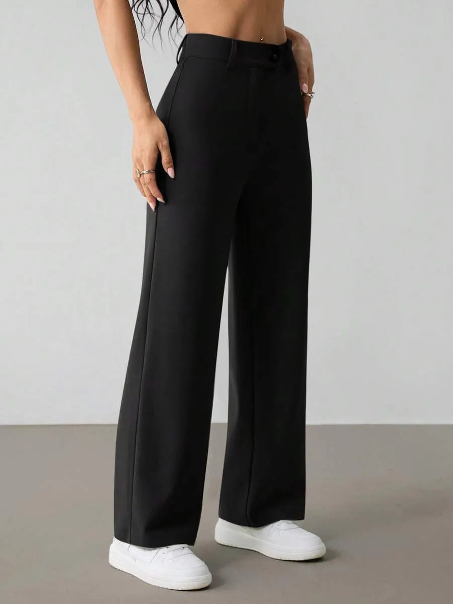 SHEIN PETITE بنطلون بلون الأسود طويل واسع الساق بخصر عالي