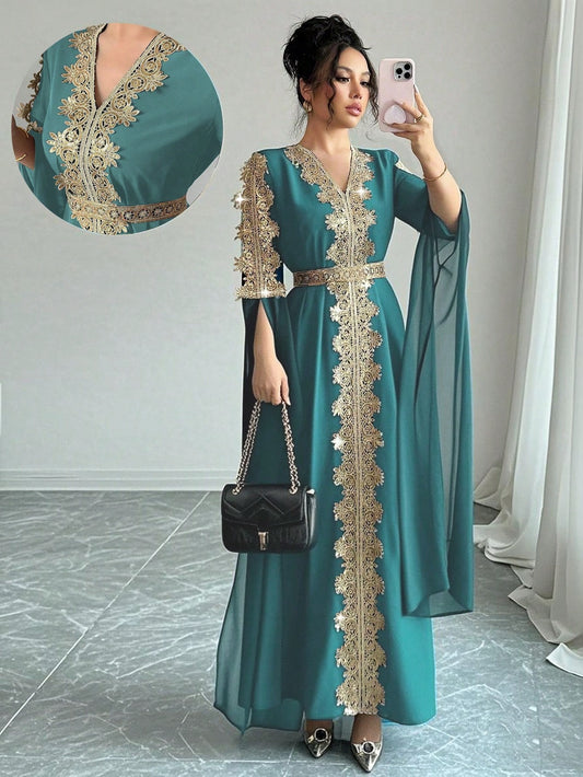 SHEIN Rafferiza عباءة ستايل شرق أوسطي بأكمام طويلة وفستان طويل مع دانتيل