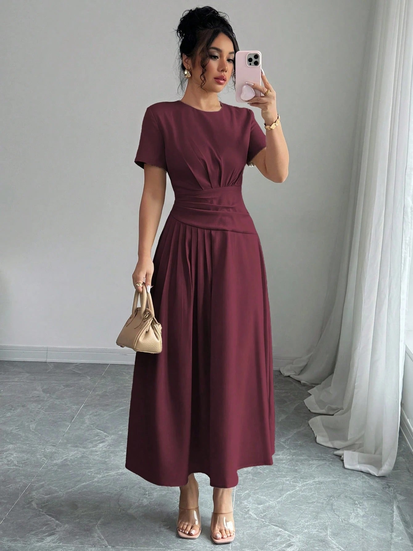 SHEIN Elenzga فستان قصير حريري بأكمام قصيرة وياقة دائرية